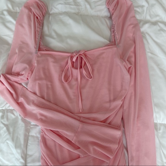 PINK SHEER LONG SLEEVE BODYCON DRESS - Picture 2 of 6